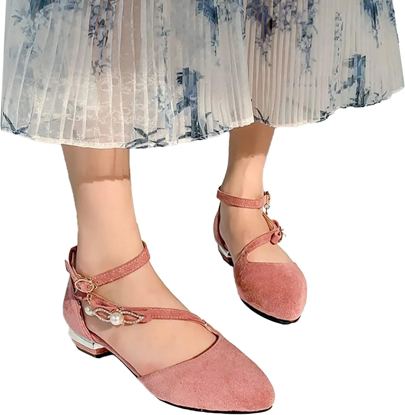 Hbeylia Ballet Flats for Women Ladies Fashion Cut Out Pearl Ankle Strap Lightweight Comfort Pointed Toe Low Heels Flats Walking Loafers Dress Sneakers Shoes for Beach Travel Dancer