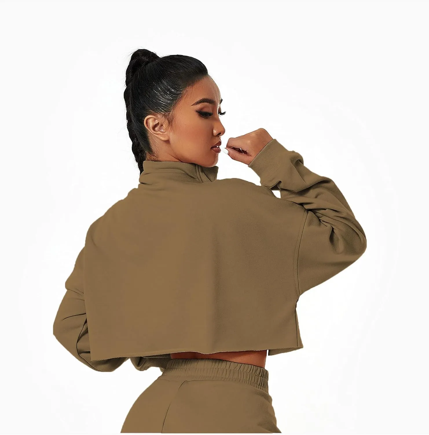HerGymClothing Womens Cropped Sweatshirt Long Sleeve Half Zip Loose Workout Crop Athletic Jacket