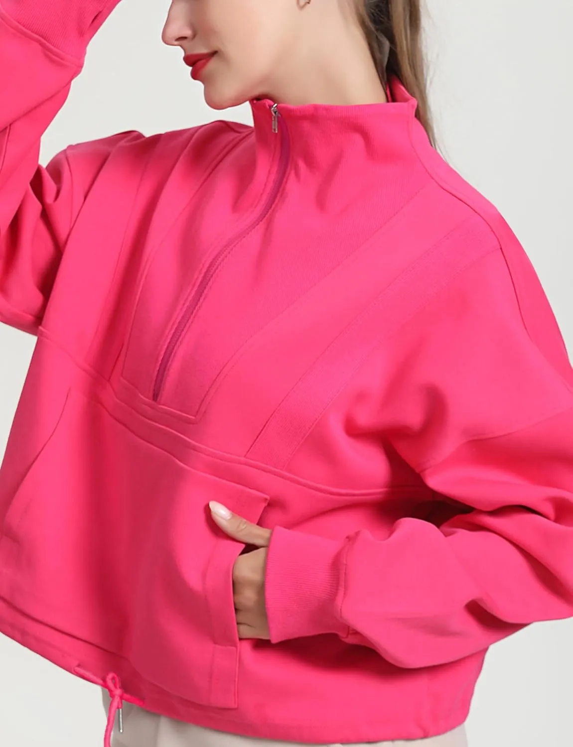 HerGymClothing Womens Cropped Sweatshirt Long Sleeve Half Zip Loose Workout Crop Athletic Jacket