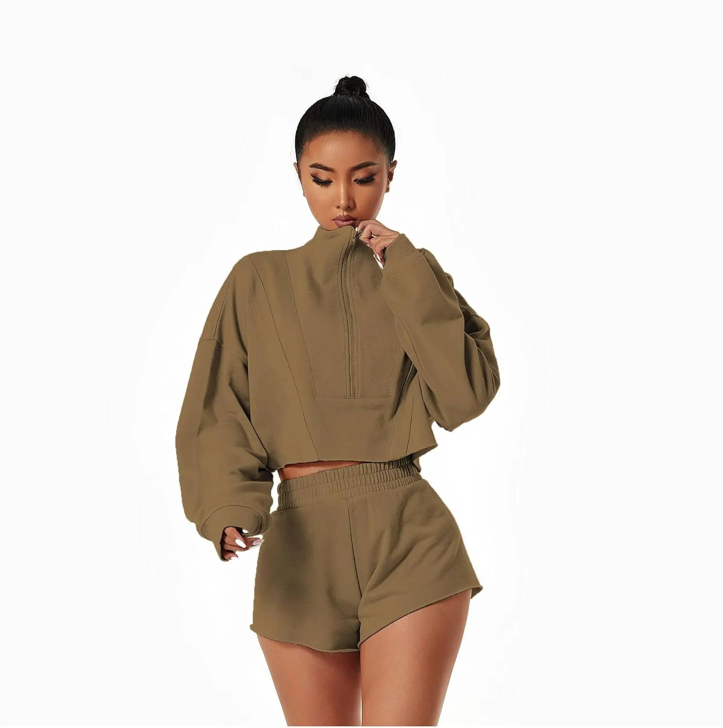 HerGymClothing Womens Cropped Sweatshirt Long Sleeve Half Zip Loose Workout Crop Athletic Jacket