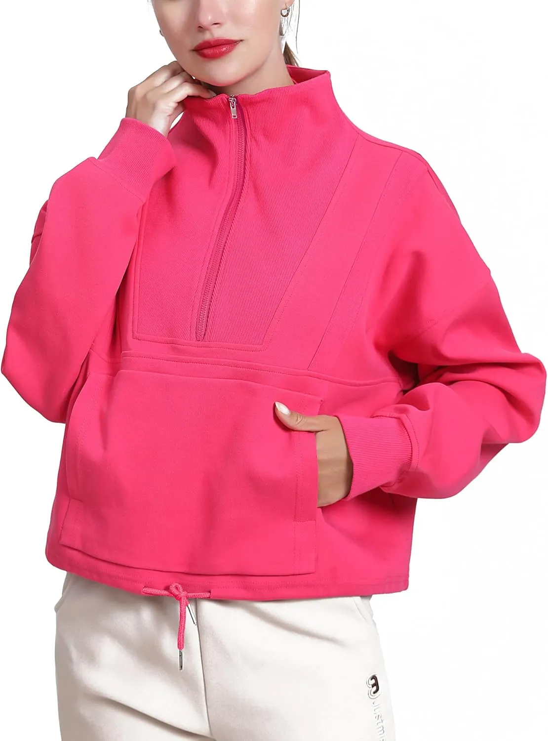 HerGymClothing Womens Cropped Sweatshirt Long Sleeve Half Zip Loose Workout Crop Athletic Jacket