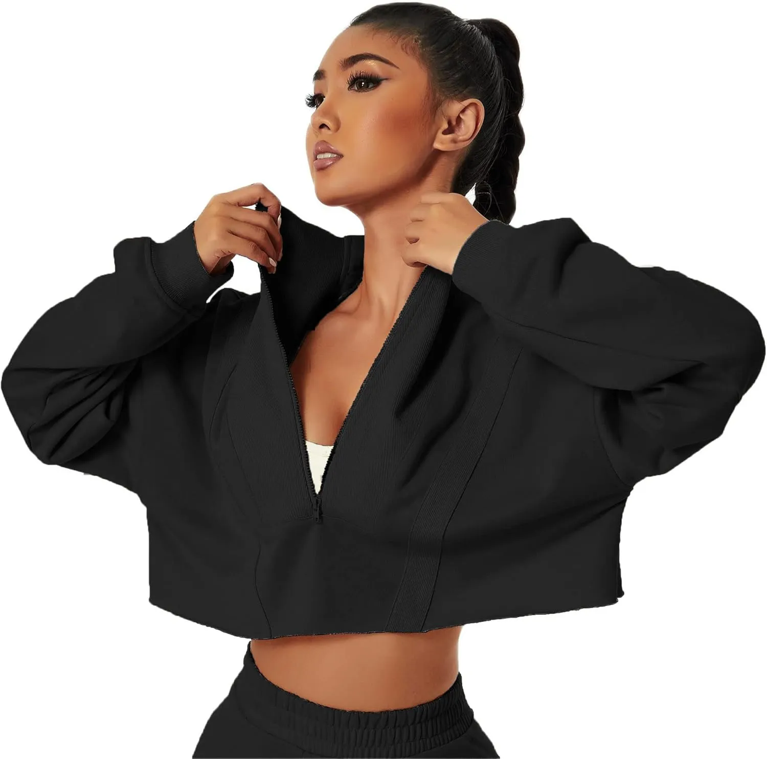 HerGymClothing Womens Cropped Sweatshirt Long Sleeve Half Zip Loose Workout Crop Athletic Jacket