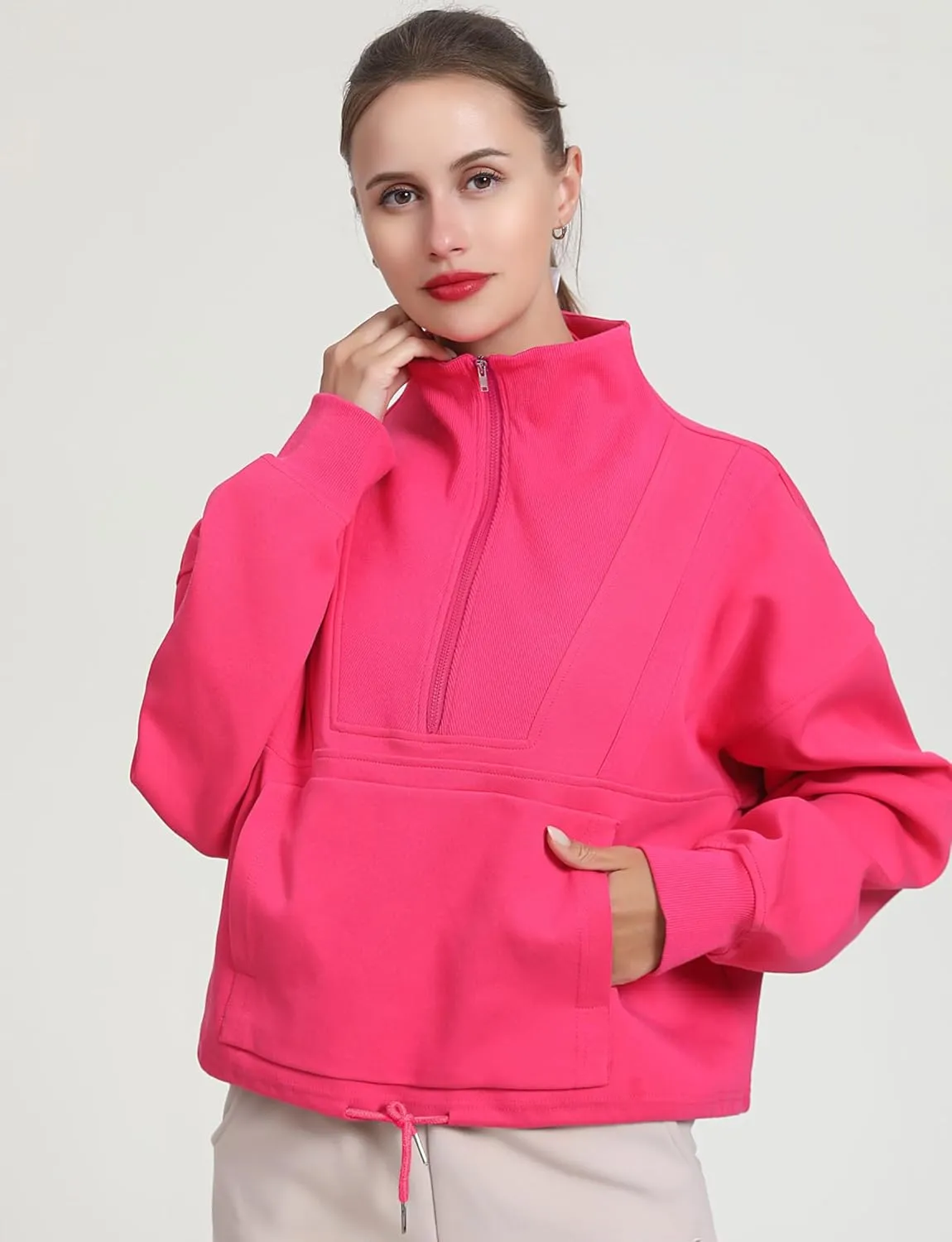 HerGymClothing Womens Cropped Sweatshirt Long Sleeve Half Zip Loose Workout Crop Athletic Jacket