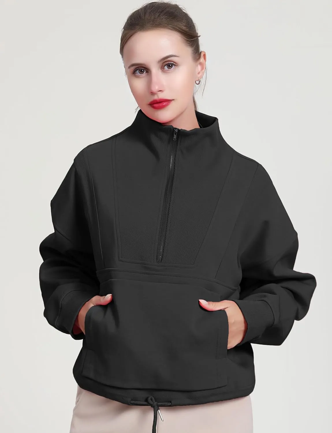 HerGymClothing Womens Cropped Sweatshirt Long Sleeve Half Zip Loose Workout Crop Athletic Jacket