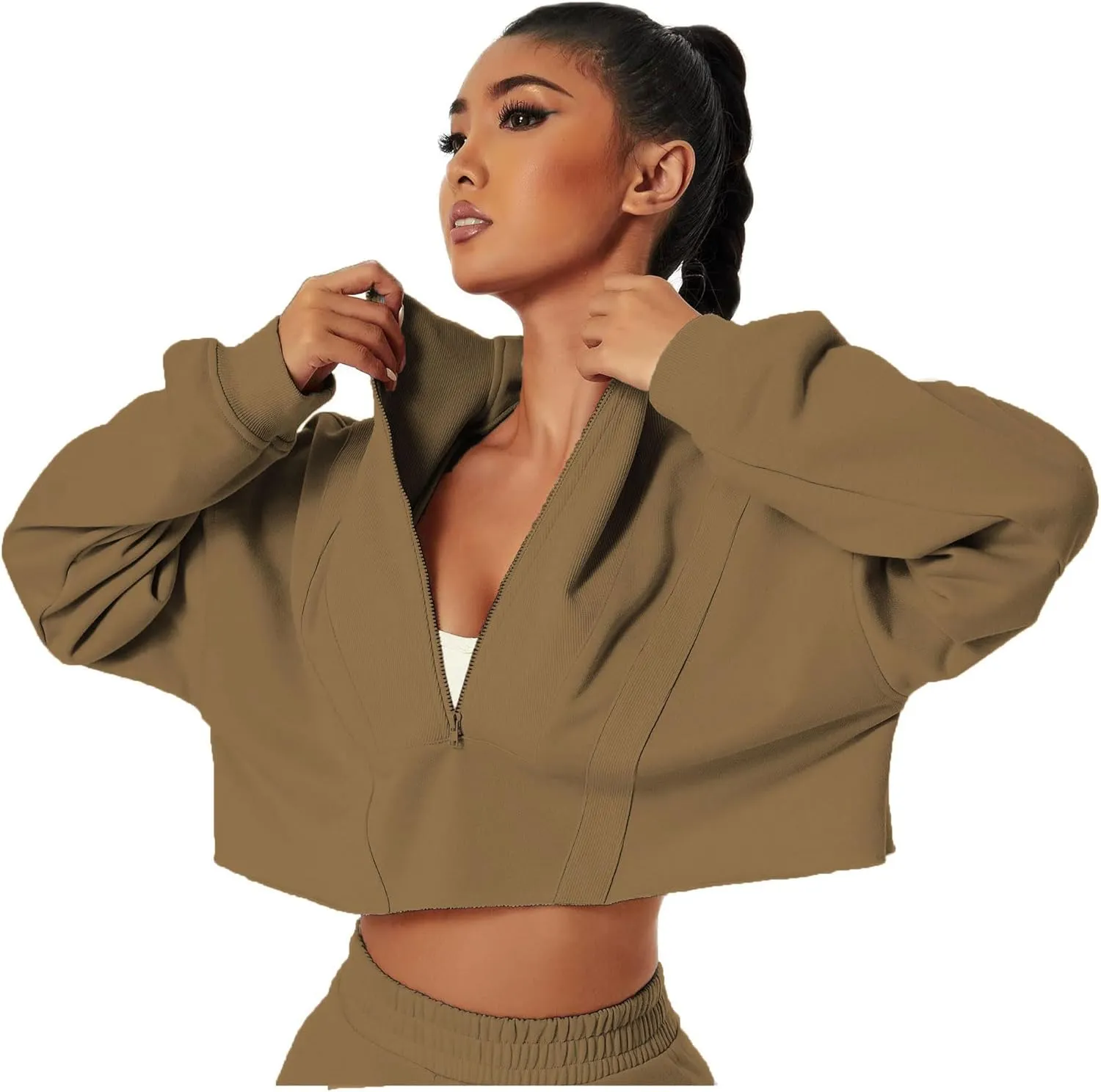 HerGymClothing Womens Cropped Sweatshirt Long Sleeve Half Zip Loose Workout Crop Athletic Jacket