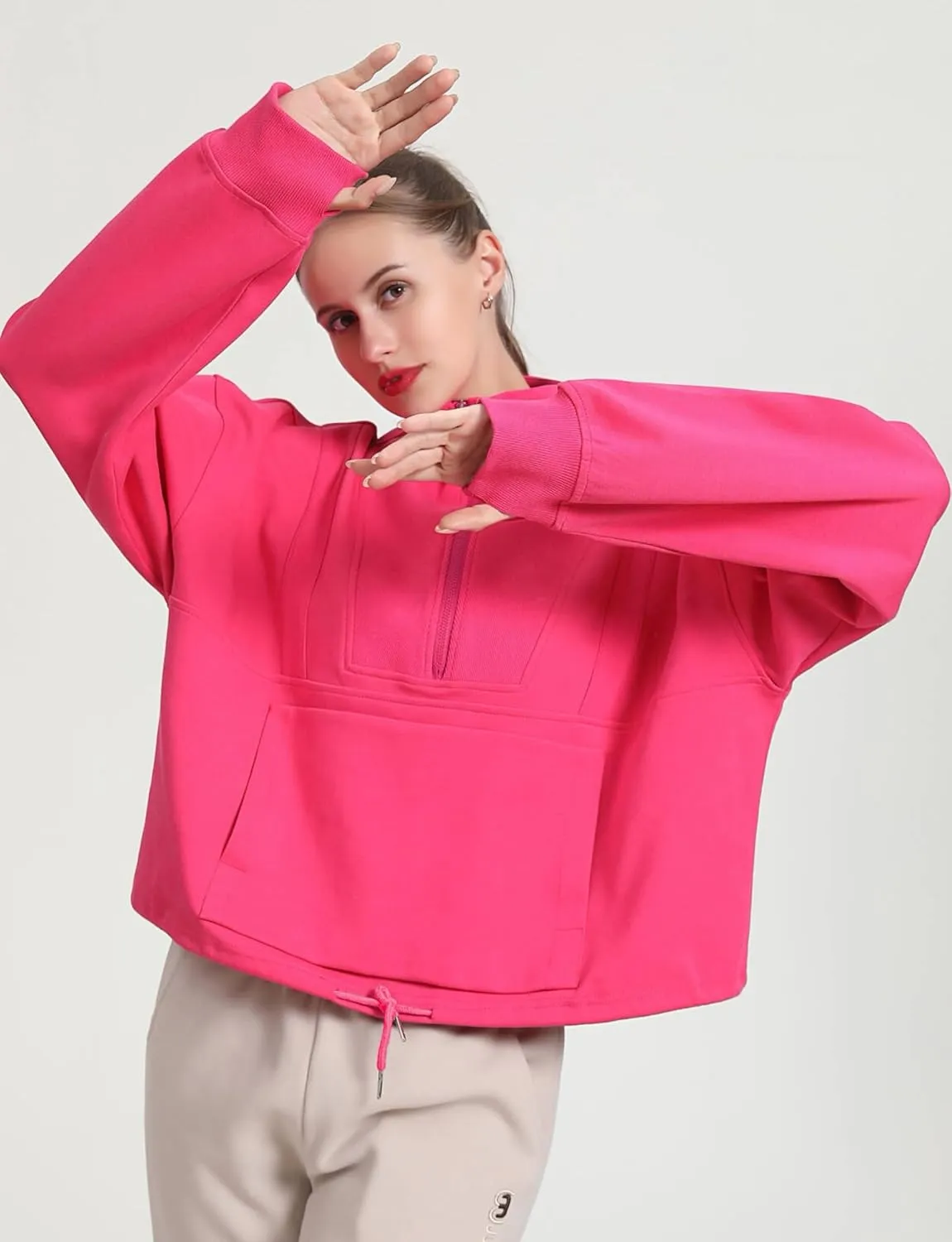 HerGymClothing Womens Cropped Sweatshirt Long Sleeve Half Zip Loose Workout Crop Athletic Jacket