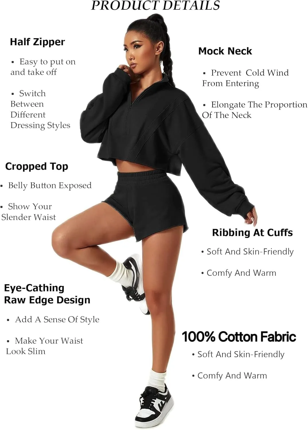 HerGymClothing Womens Cropped Sweatshirt Long Sleeve Half Zip Loose Workout Crop Athletic Jacket