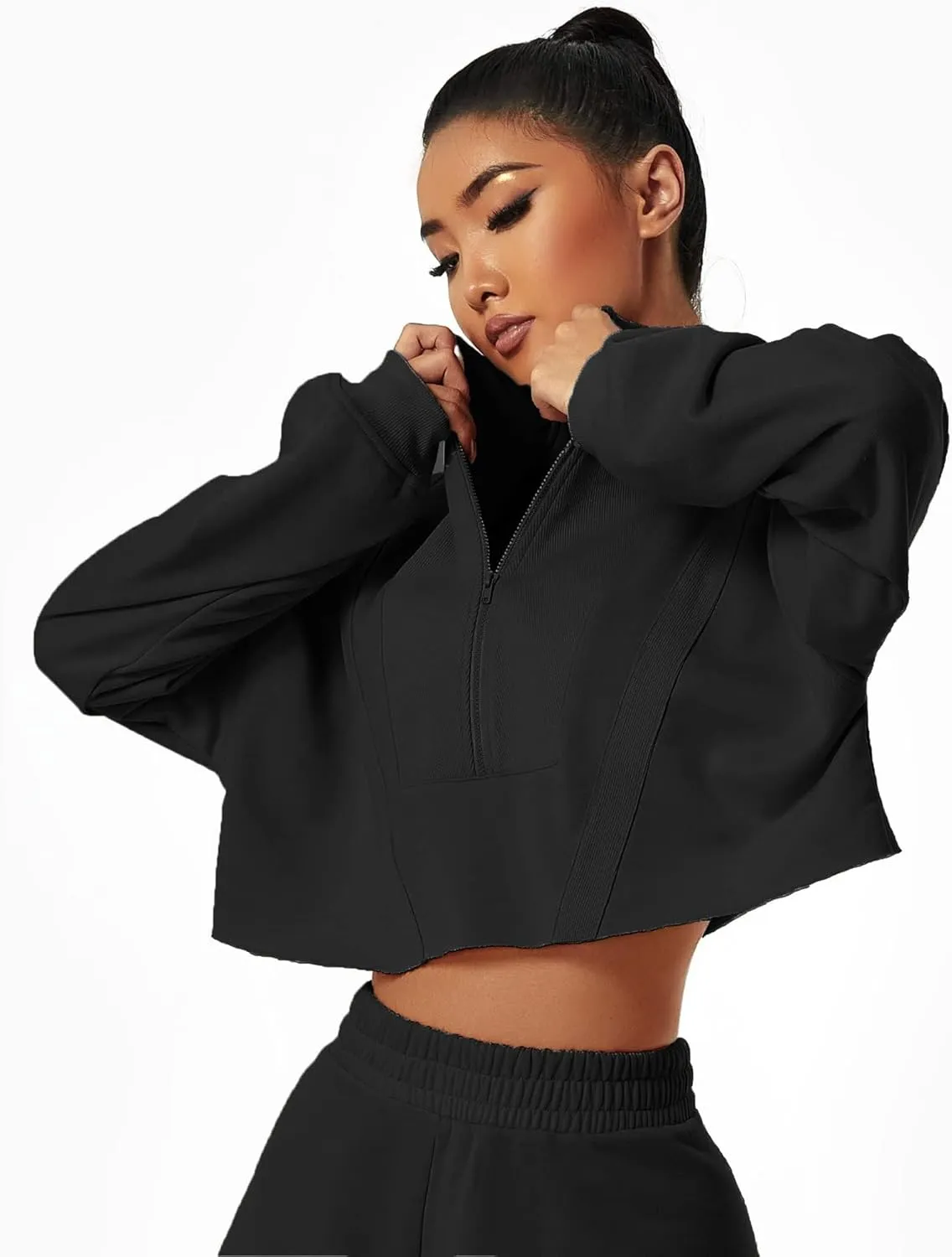 HerGymClothing Womens Cropped Sweatshirt Long Sleeve Half Zip Loose Workout Crop Athletic Jacket