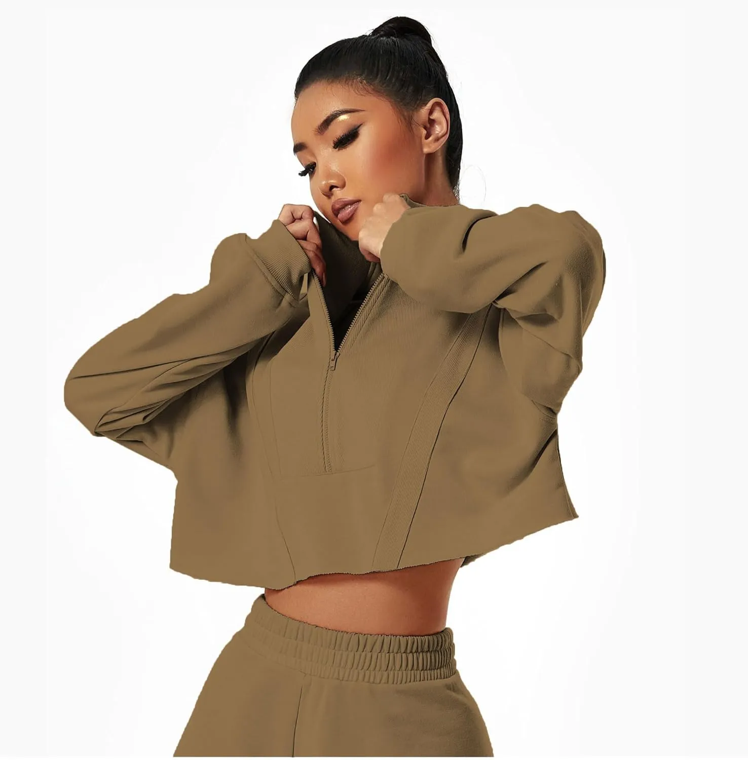 HerGymClothing Womens Cropped Sweatshirt Long Sleeve Half Zip Loose Workout Crop Athletic Jacket