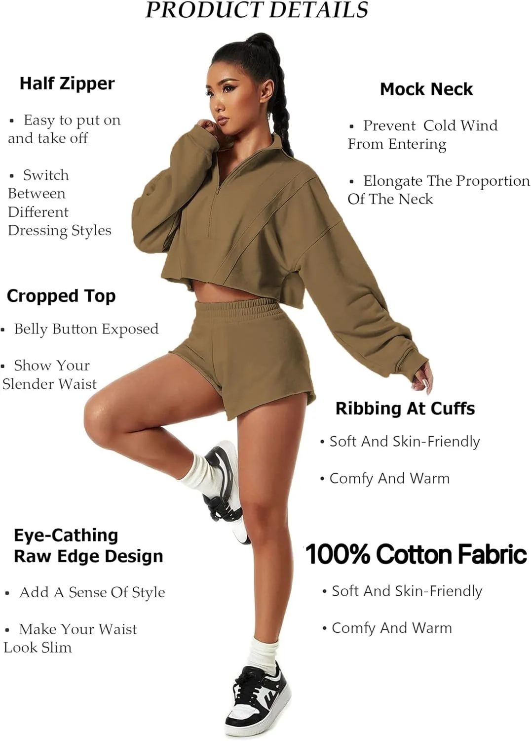 HerGymClothing Womens Cropped Sweatshirt Long Sleeve Half Zip Loose Workout Crop Athletic Jacket