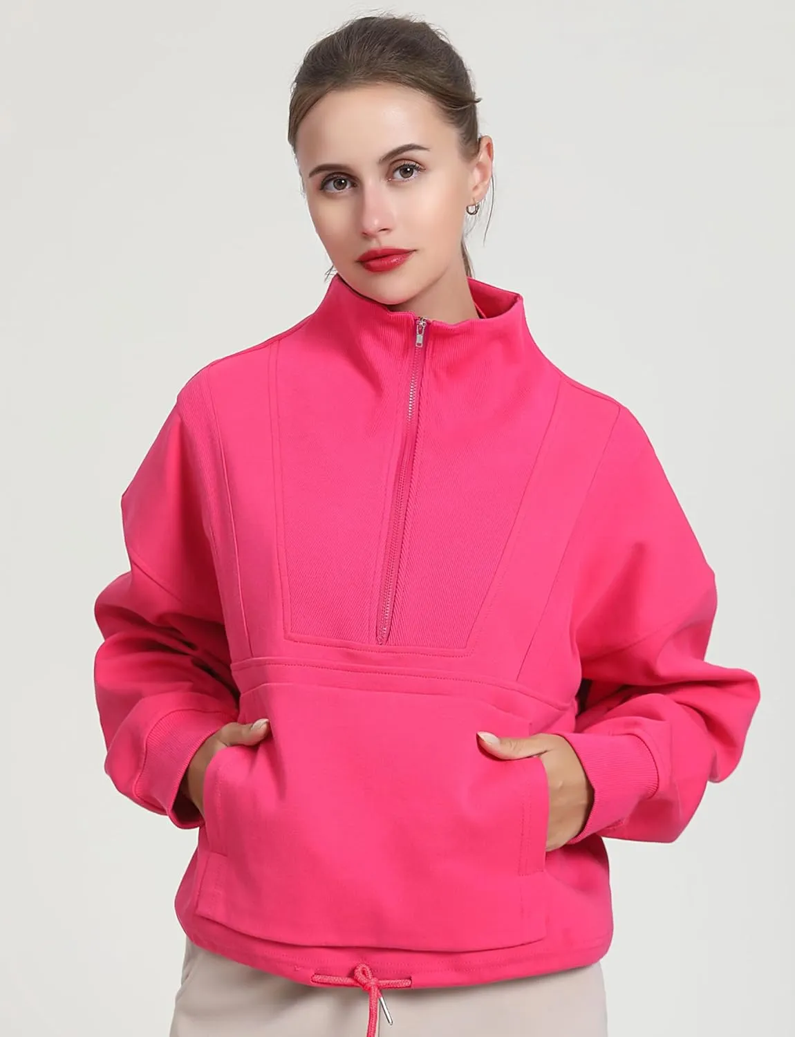 HerGymClothing Womens Cropped Sweatshirt Long Sleeve Half Zip Loose Workout Crop Athletic Jacket