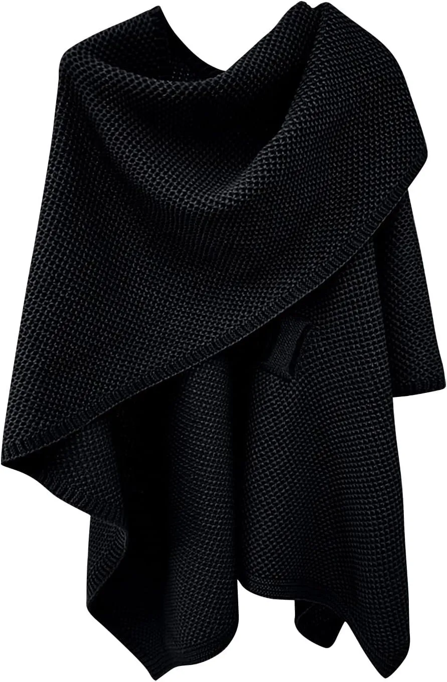 HGps8w Women's Elegant Shawl Wrap - Cross Front Solid Color Poncho Cape - Wrap Topper Knitted Cardigans Sweater Shawls
