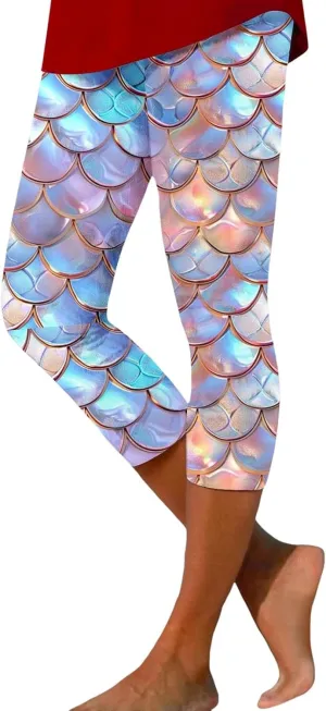 High Waist Capri Leggings for Women Fish Scale Print Elastic Waist Pants Summer Trendy Stretch Slim Fit Yoga Trousers
