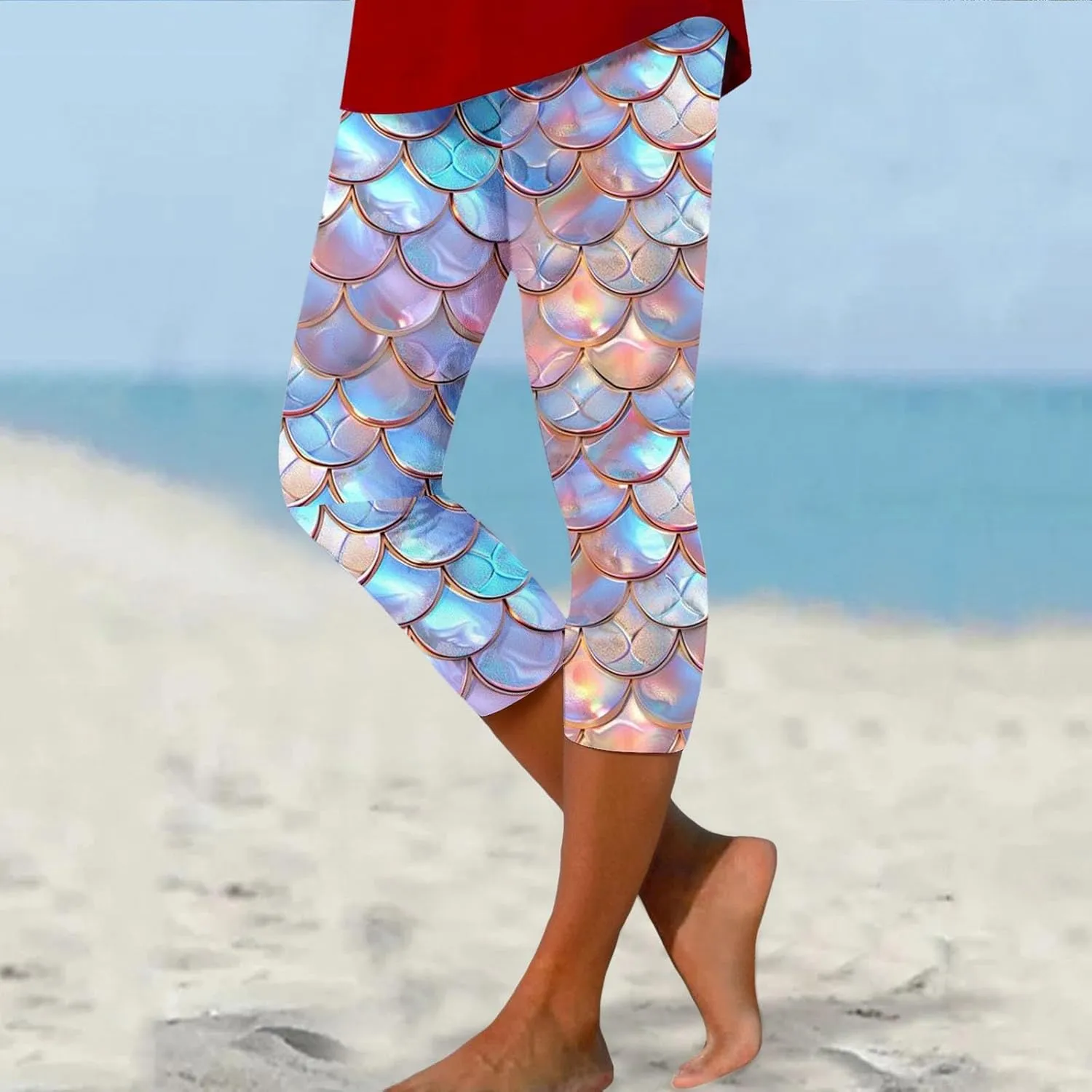High Waist Capri Leggings for Women Fish Scale Print Elastic Waist Pants Summer Trendy Stretch Slim Fit Yoga Trousers