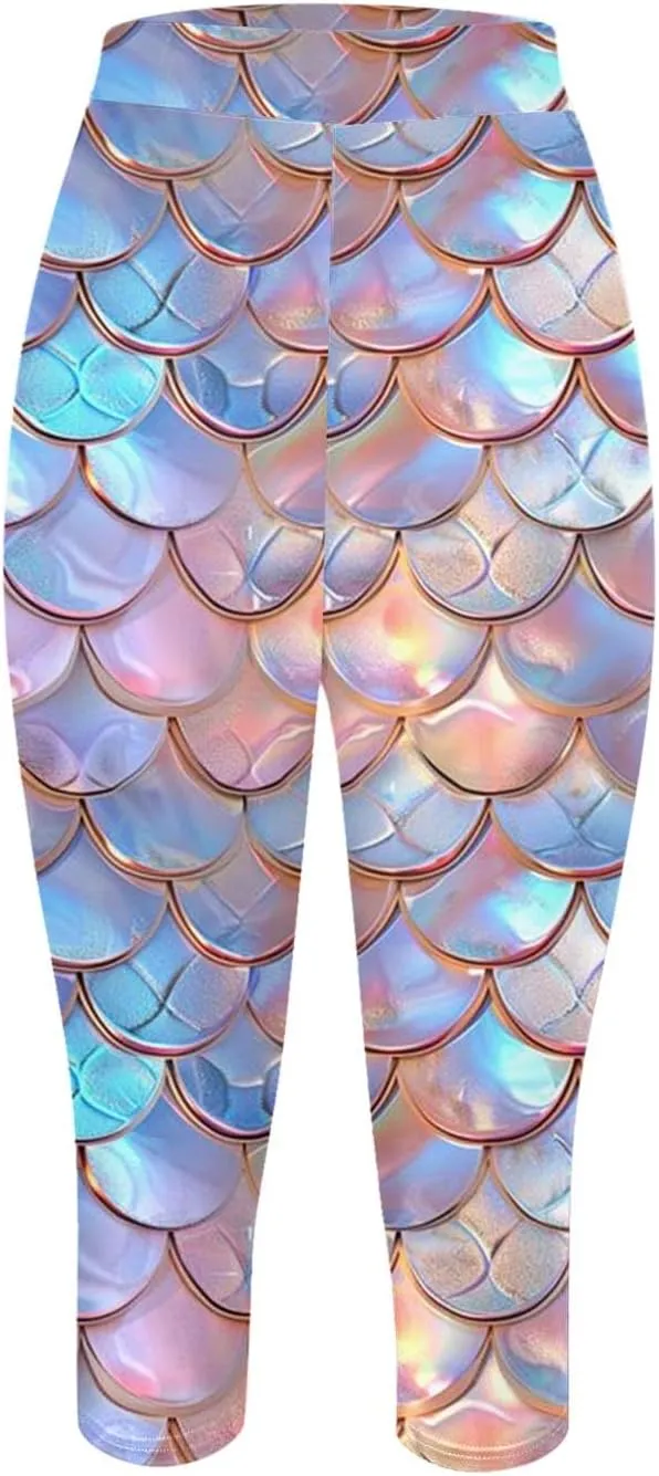 High Waist Capri Leggings for Women Fish Scale Print Elastic Waist Pants Summer Trendy Stretch Slim Fit Yoga Trousers