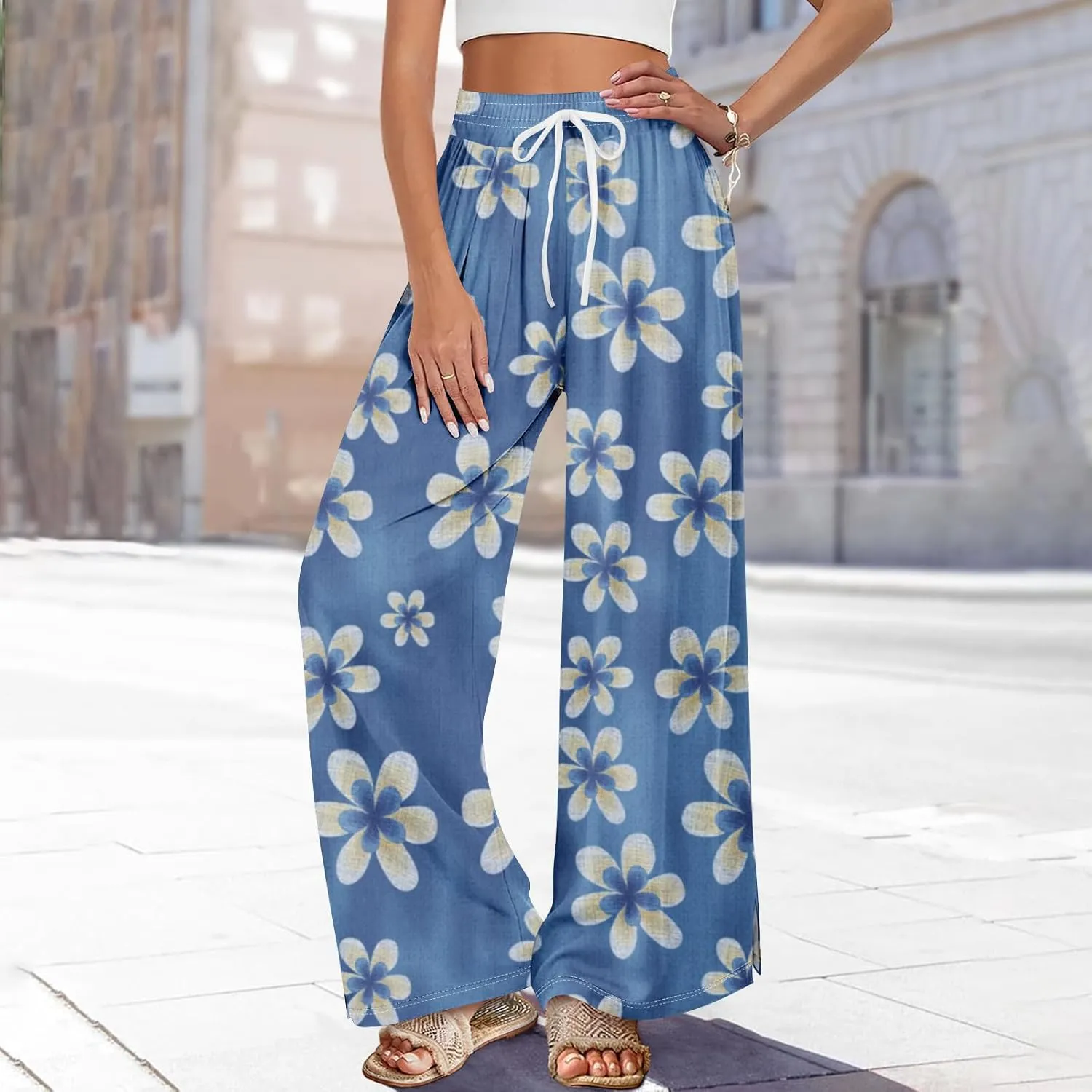 High Waist Lounge Pants Women Wide Leg Elastic Waist Summer Boho Side Slit Drawstring Palazzo Baggy Pants Soft Clothes