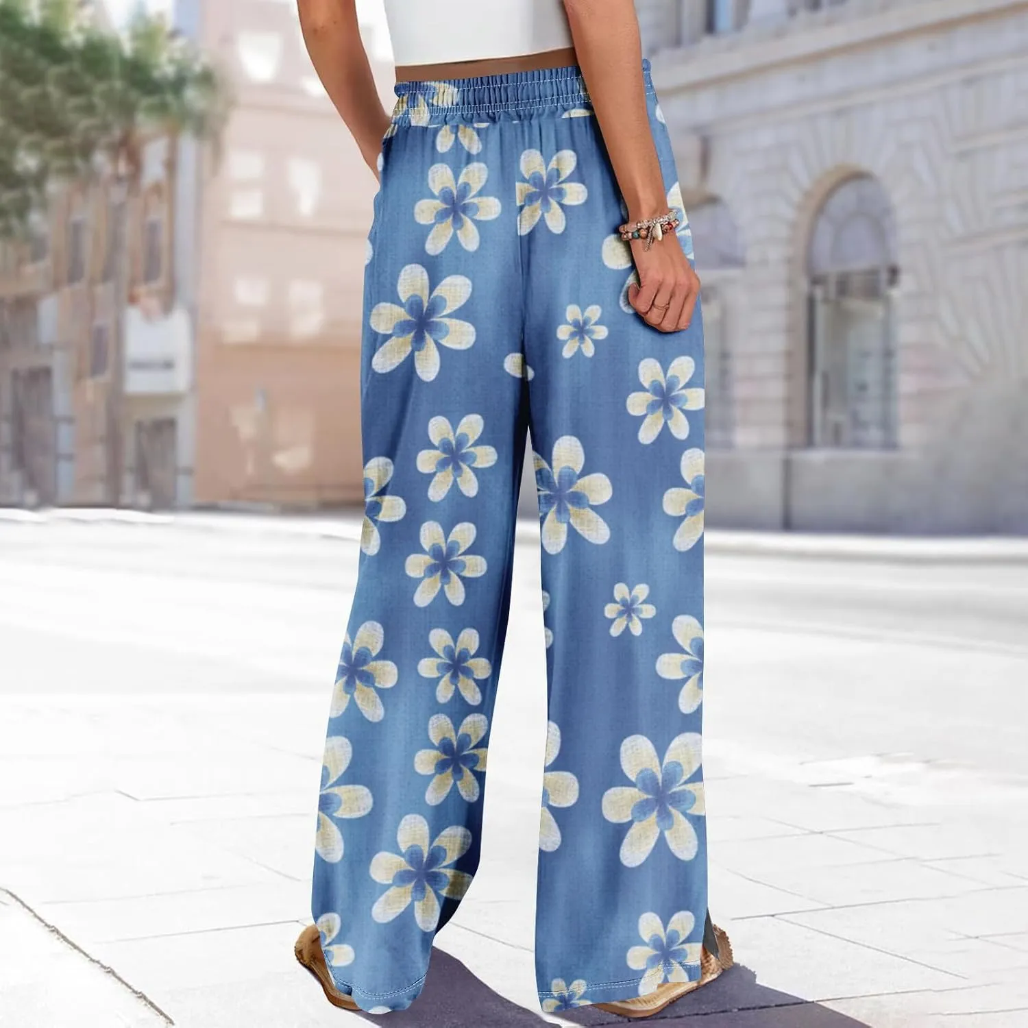 High Waist Lounge Pants Women Wide Leg Elastic Waist Summer Boho Side Slit Drawstring Palazzo Baggy Pants Soft Clothes