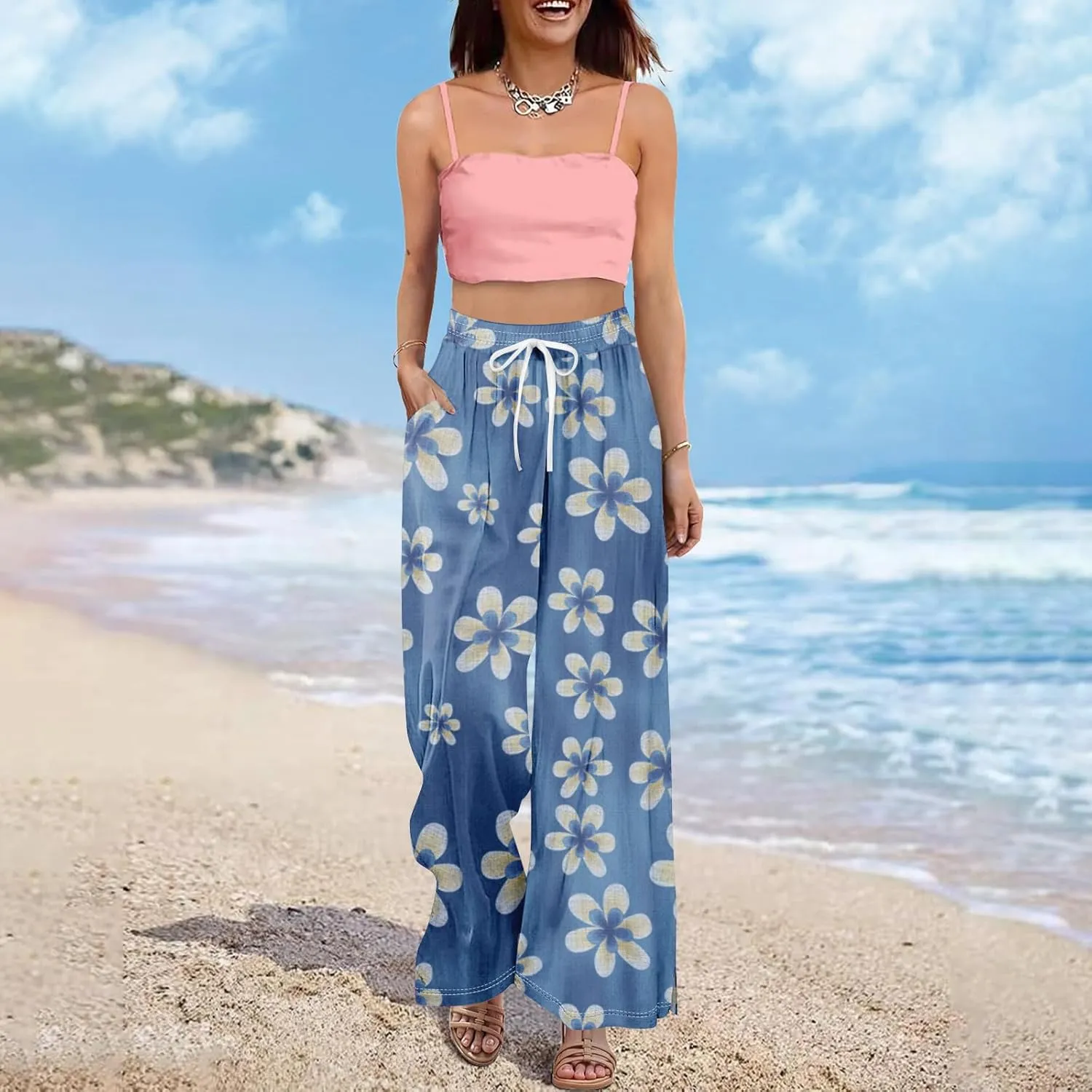 High Waist Lounge Pants Women Wide Leg Elastic Waist Summer Boho Side Slit Drawstring Palazzo Baggy Pants Soft Clothes
