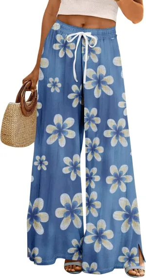 High Waist Lounge Pants Women Wide Leg Elastic Waist Summer Boho Side Slit Drawstring Palazzo Baggy Pants Soft Clothes