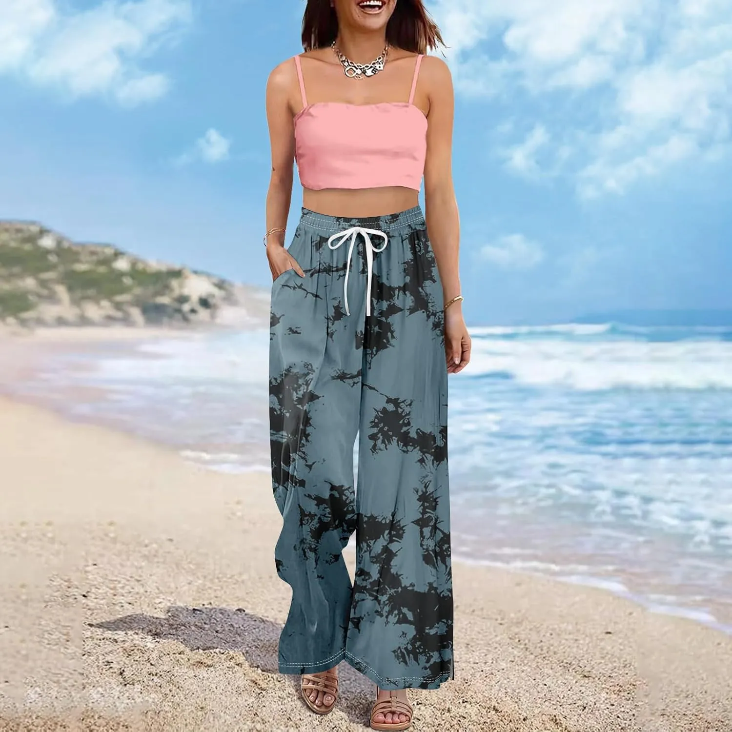 High Waisted Pants for Women Dressy Wide Leg Elastic Waist Summer Side Slit Palazzo Loose Pants with Pockets Outfits