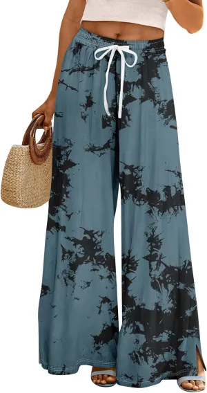 High Waisted Pants for Women Dressy Wide Leg Elastic Waist Summer Side Slit Palazzo Loose Pants with Pockets Outfits