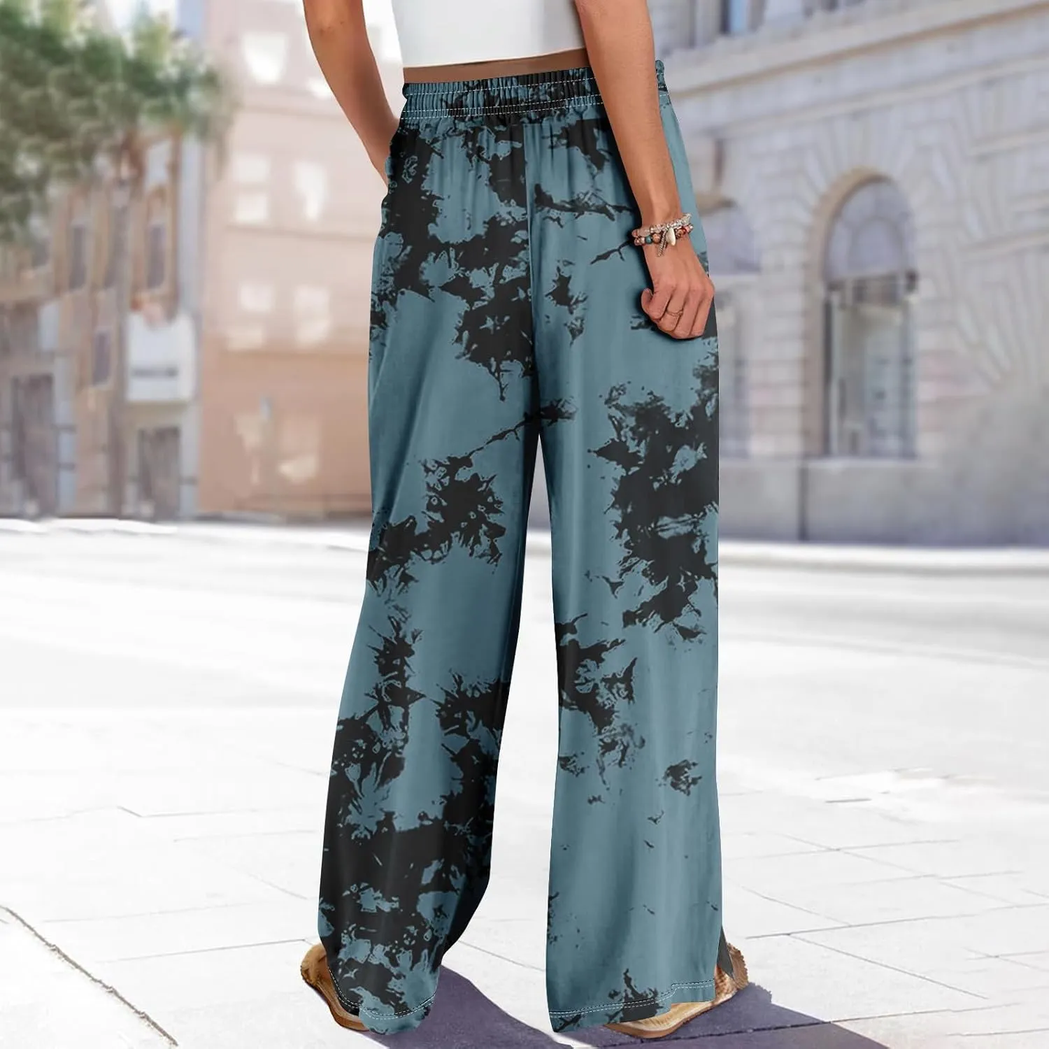 High Waisted Pants for Women Dressy Wide Leg Elastic Waist Summer Side Slit Palazzo Loose Pants with Pockets Outfits