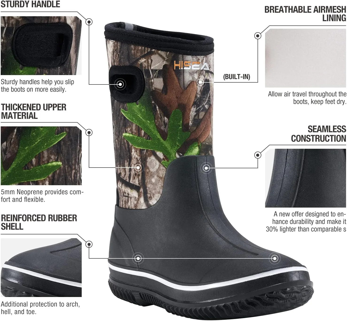 HISEA Kids Rain Boots for Boys Girls, Waterproof Insulated Rubber Neoprene Boots, Seamless Outdoor Boots with Handles Rainboot All Weather Mud Boots for Rain, Snow, Winter and Muck (Little Kid/Big Kid)