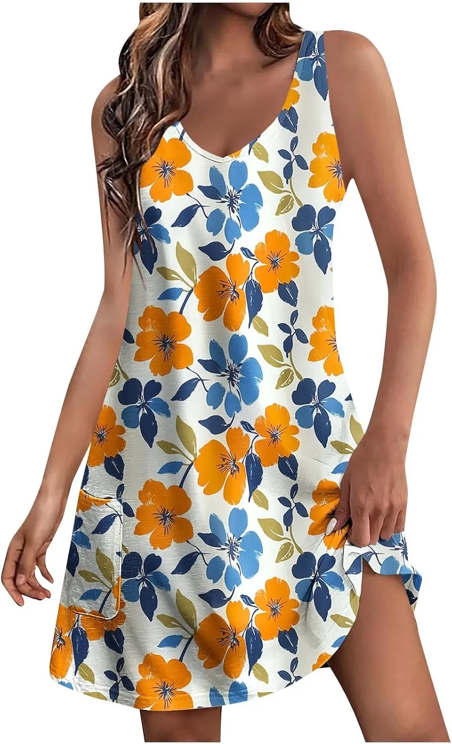 hlysgo Summer Mini Dress for Women Casual Sleeveless V Neck Beach Dresses Trendy Floral Print Short Sundress with Pockets