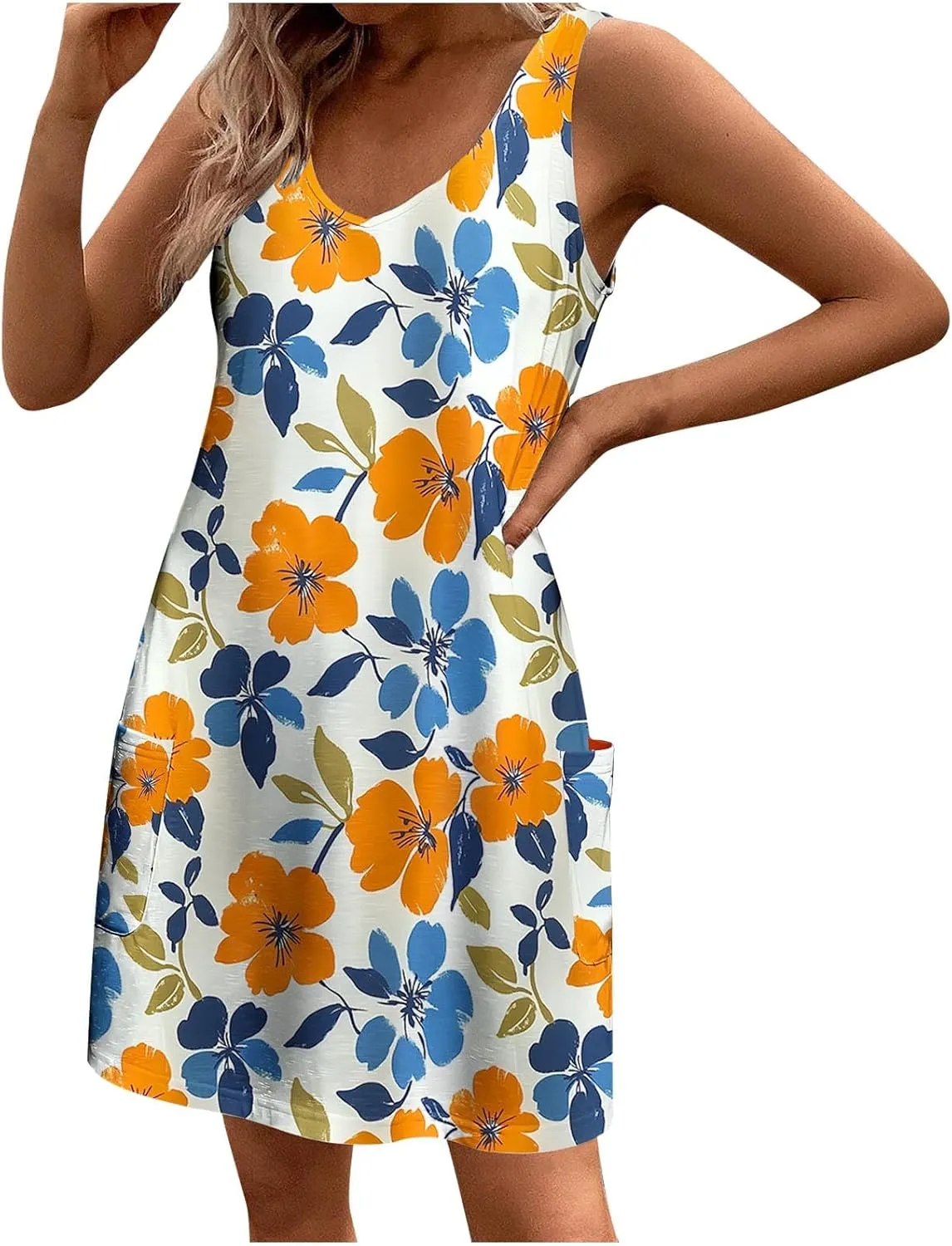 hlysgo Summer Mini Dress for Women Casual Sleeveless V Neck Beach Dresses Trendy Floral Print Short Sundress with Pockets