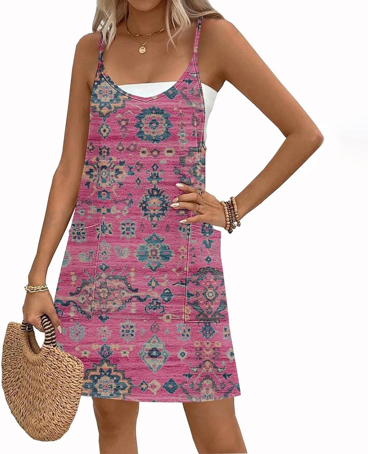 hlysgo Sundresses for Women 2025 Summer Sleeveless Spaghetti Straps Mini Dress Trendy Floral Print Casual Boho Beach Dresses