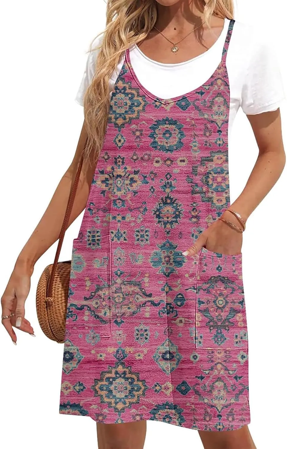 hlysgo Sundresses for Women 2025 Summer Sleeveless Spaghetti Straps Mini Dress Trendy Floral Print Casual Boho Beach Dresses