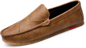 HOOENG Loafer Shoes for Men Vegan Leather Stitching Details Round Toe Lightweight Resistant Flexible Flat Heel Anti-Slip Outdoor Slip on (Color : Brown, Size : 8.5)