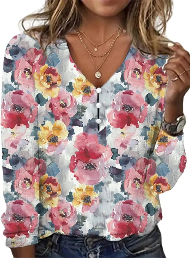 HOTYD Women's Boho Floral Print Shirts Ladies Long Sleeve Summer Tops Blouses for Women Dressy Casual V Neck Tunic Tops