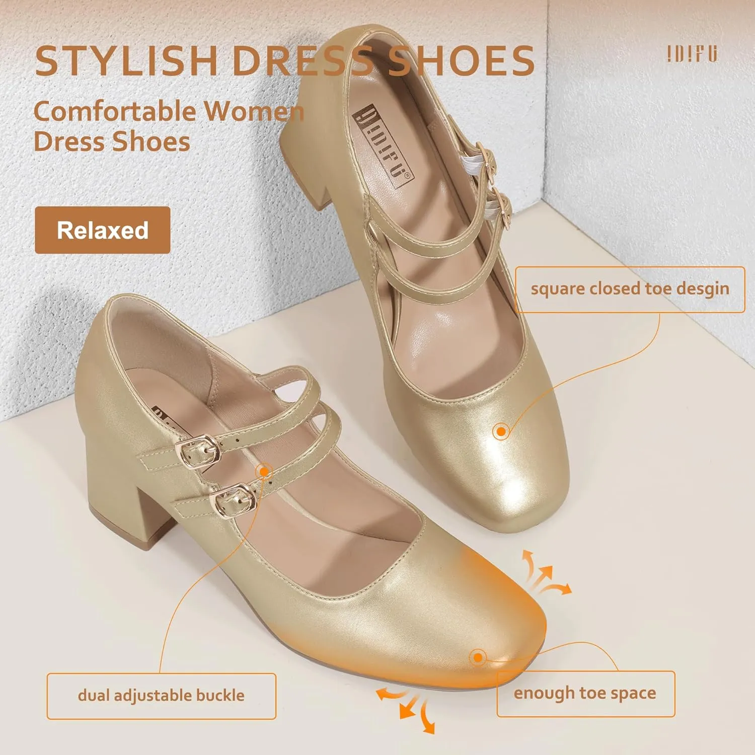 IDIFU IN2 Mary Jane Shoes Women Dress Shoes Women's Pumps Chunky Low Block Heels Square Closed Toe Strappy Wedding Business Bride Comfortable Short Graduation Two Strap Cute Vintage Heels Pumps Shoes