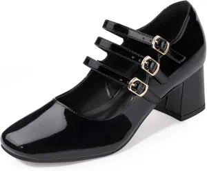 IDIFU IN2 Mary Jane Shoes Women's Pumps Dress Shoes for Women Block Chunky Low Short Square Closed Toe Thick Heels Wedding Work Prom Bride Lady Flight Attendant Comfortable Cute Vintage Pumps Shoes