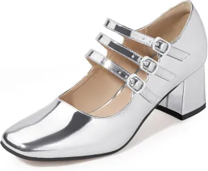 IDIFU IN2 Mary Jane Shoes Women's Pumps Dress Shoes for Women Block Chunky Low Short Square Closed Toe Thick Heels Wedding Work Prom Bride Lady Flight Attendant Comfortable Cute Vintage Pumps Shoes