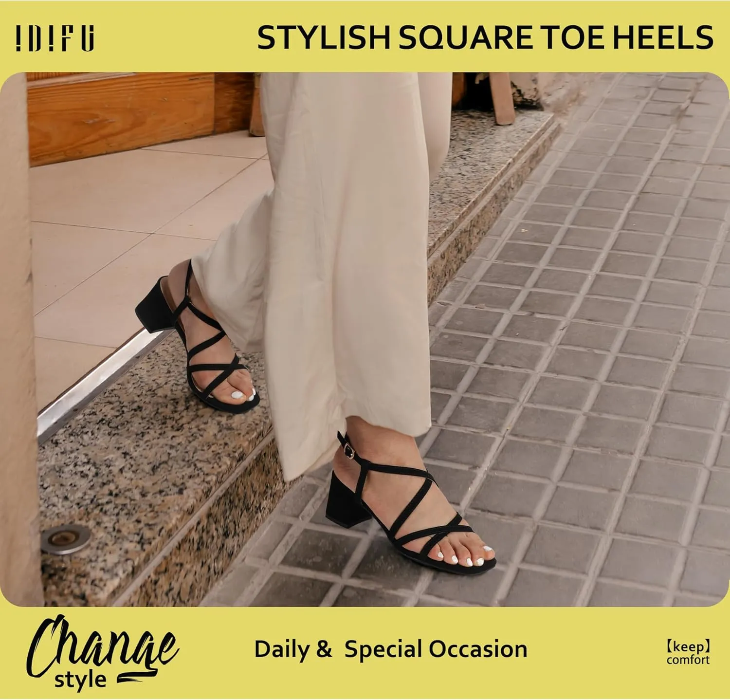IDIFU IN2 Strappy Heels Chunky Block Square Toe Wedding Prom Bride Bridal Dance Party Dress Shoes for Women Trendy Comfortable Dressy Cute Casual Summer Heeled Sandals Slingback Low Short Heels
