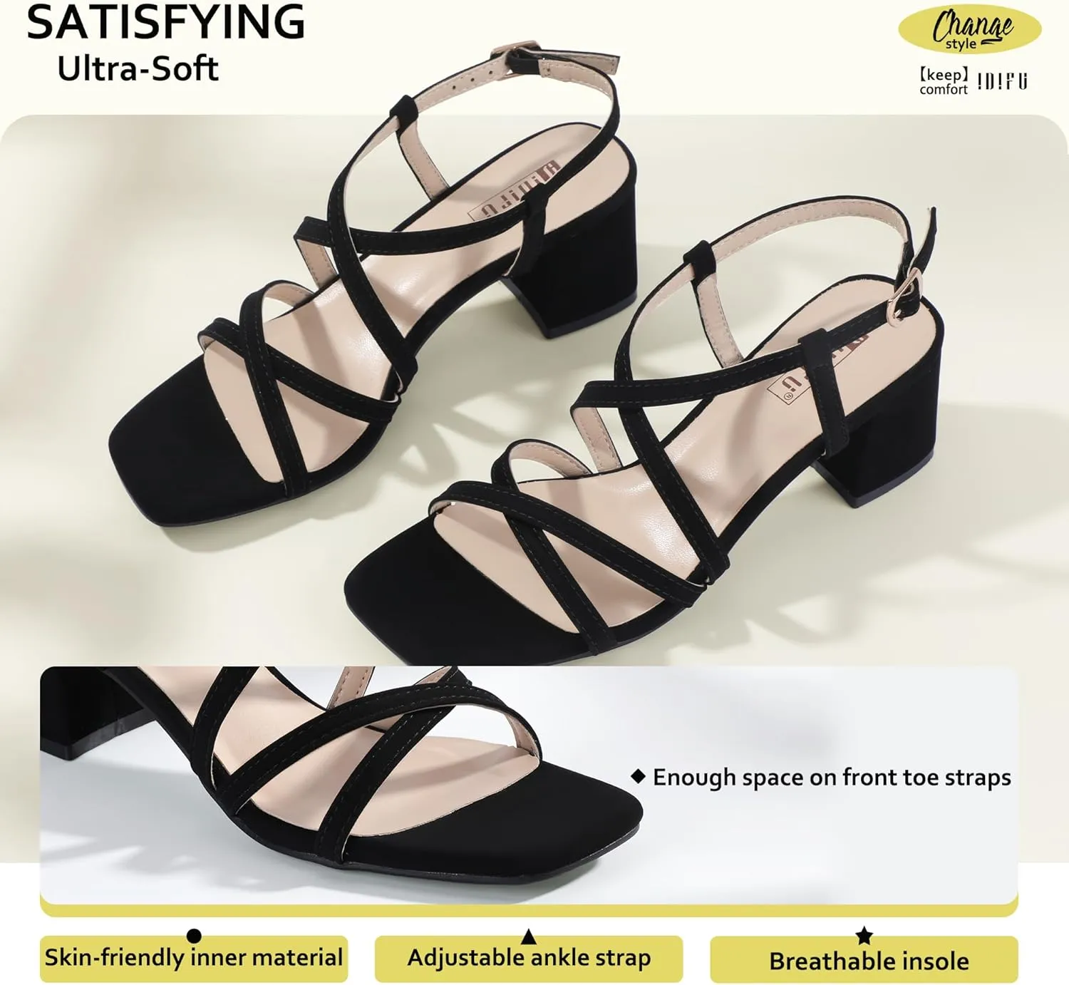 IDIFU IN2 Strappy Heels Chunky Block Square Toe Wedding Prom Bride Bridal Dance Party Dress Shoes for Women Trendy Comfortable Dressy Cute Casual Summer Heeled Sandals Slingback Low Short Heels