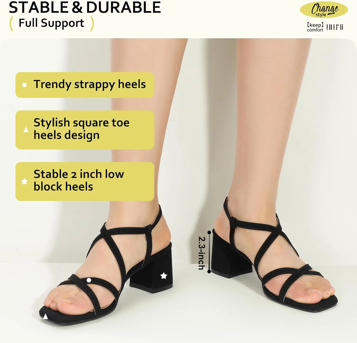 IDIFU IN2 Strappy Heels Chunky Block Square Toe Wedding Prom Bride Bridal Dance Party Dress Shoes for Women Trendy Comfortable Dressy Cute Casual Summer Heeled Sandals Slingback Low Short Heels