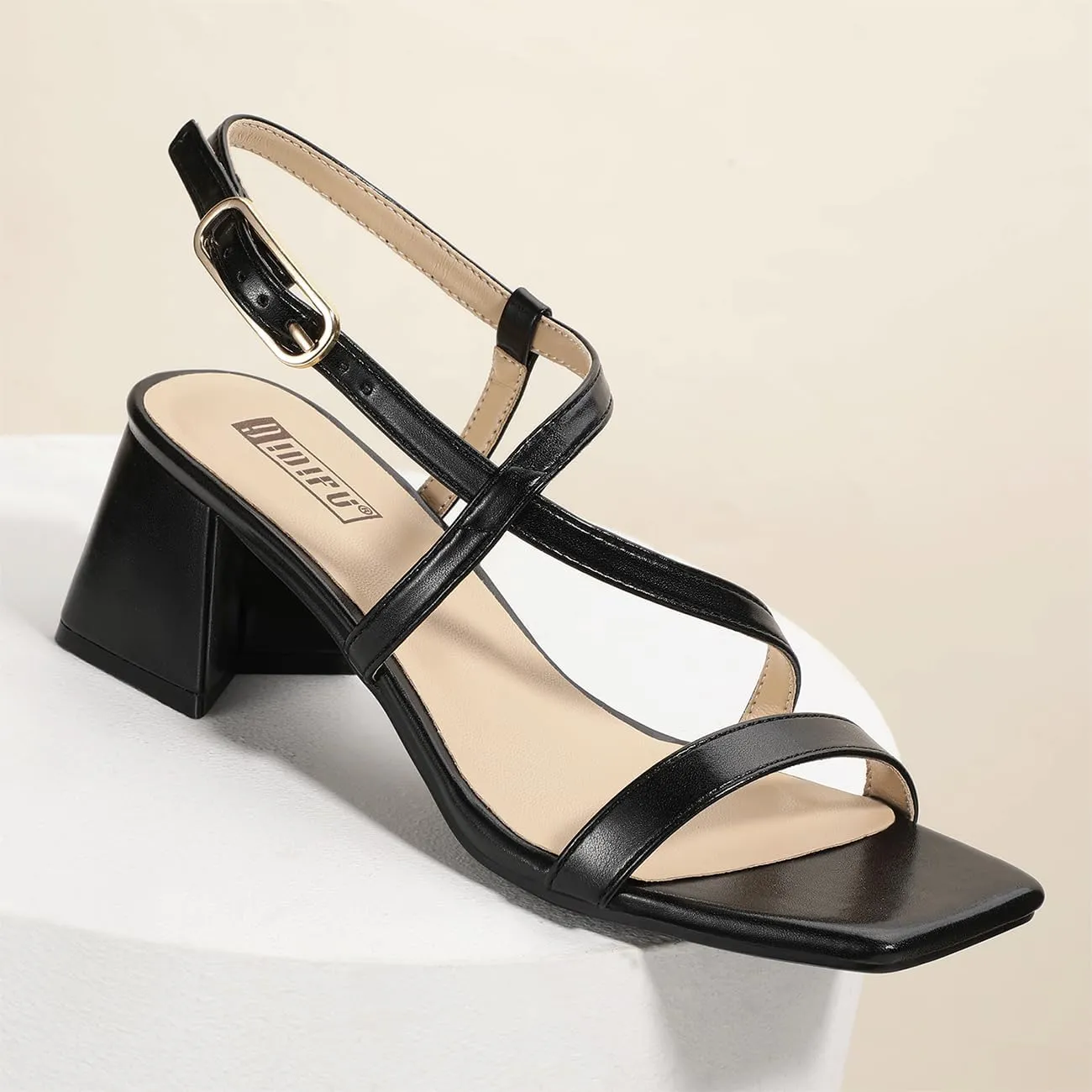 IDIFU IN2 Strappy Heels for Women Square Toe Low Chunky Block Heels with Ankle Strap Women's Slingback Irregular Heel Dress Shoes for Bride Wedding Heeled Sandals Dressy Short Heels