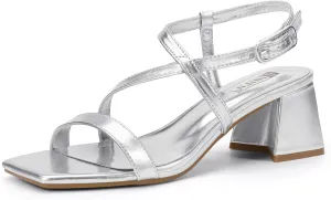 IDIFU IN2 Strappy Heels for Women Square Toe Low Chunky Block Heels with Ankle Strap Women's Slingback Irregular Heel Dress Shoes for Bride Wedding Heeled Sandals Dressy Short Heels