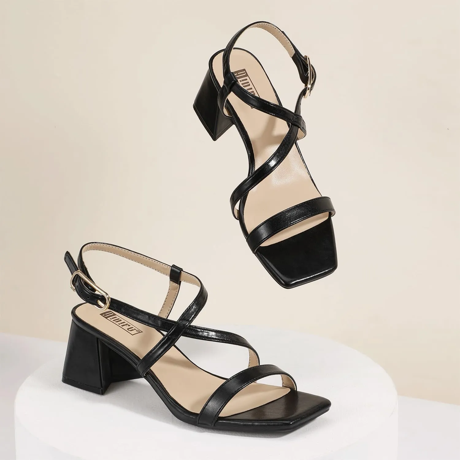 IDIFU IN2 Strappy Heels for Women Square Toe Low Chunky Block Heels with Ankle Strap Women's Slingback Irregular Heel Dress Shoes for Bride Wedding Heeled Sandals Dressy Short Heels