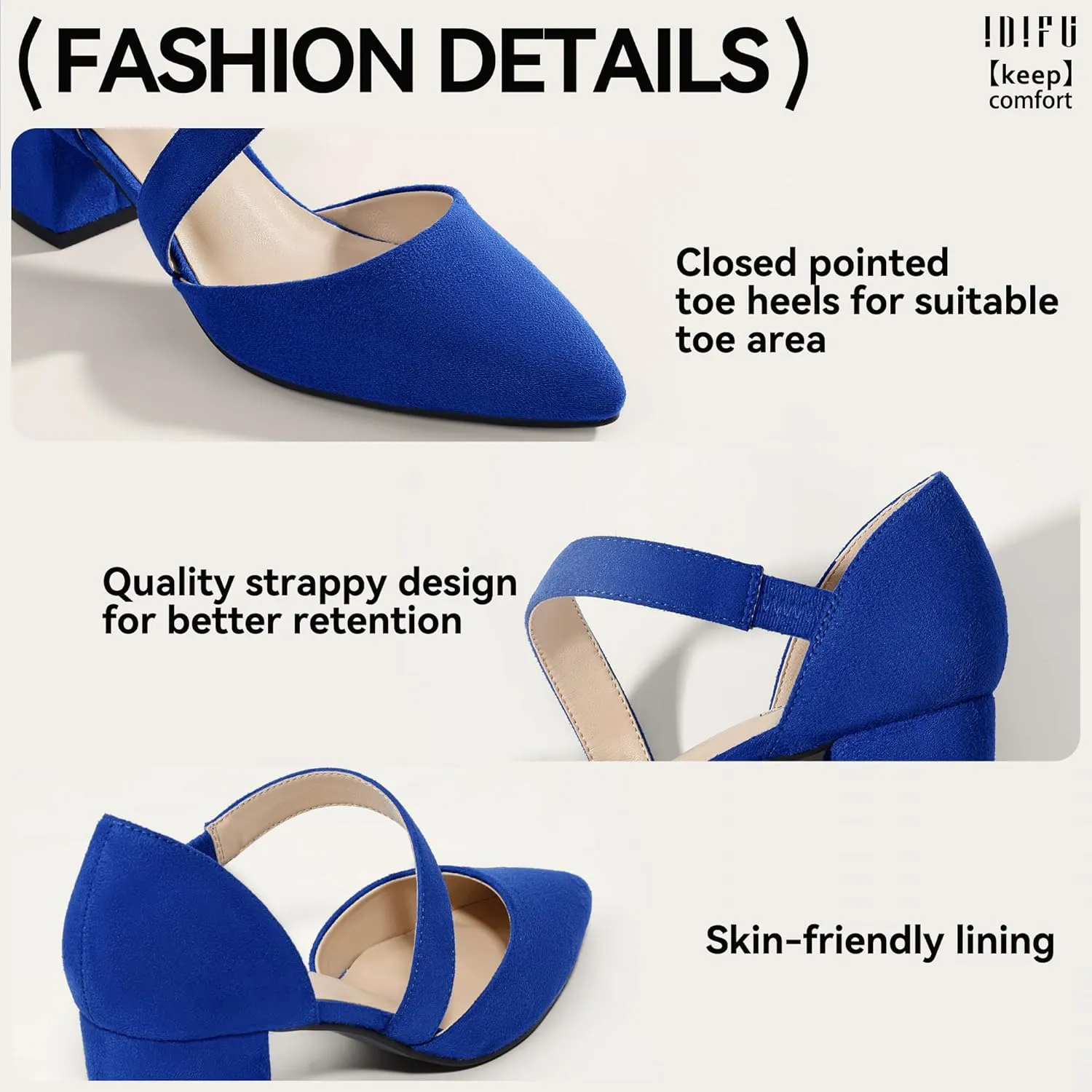 IDIFU IN2 Women's Pumps Closed Toe Strappy Heels Low Block Chunky Heels Dressy Wedding Bride Bridesmaid Prom Graduation Business Dress Shoes for Women Comfortable Formal Pointed Toe Short Small Heels