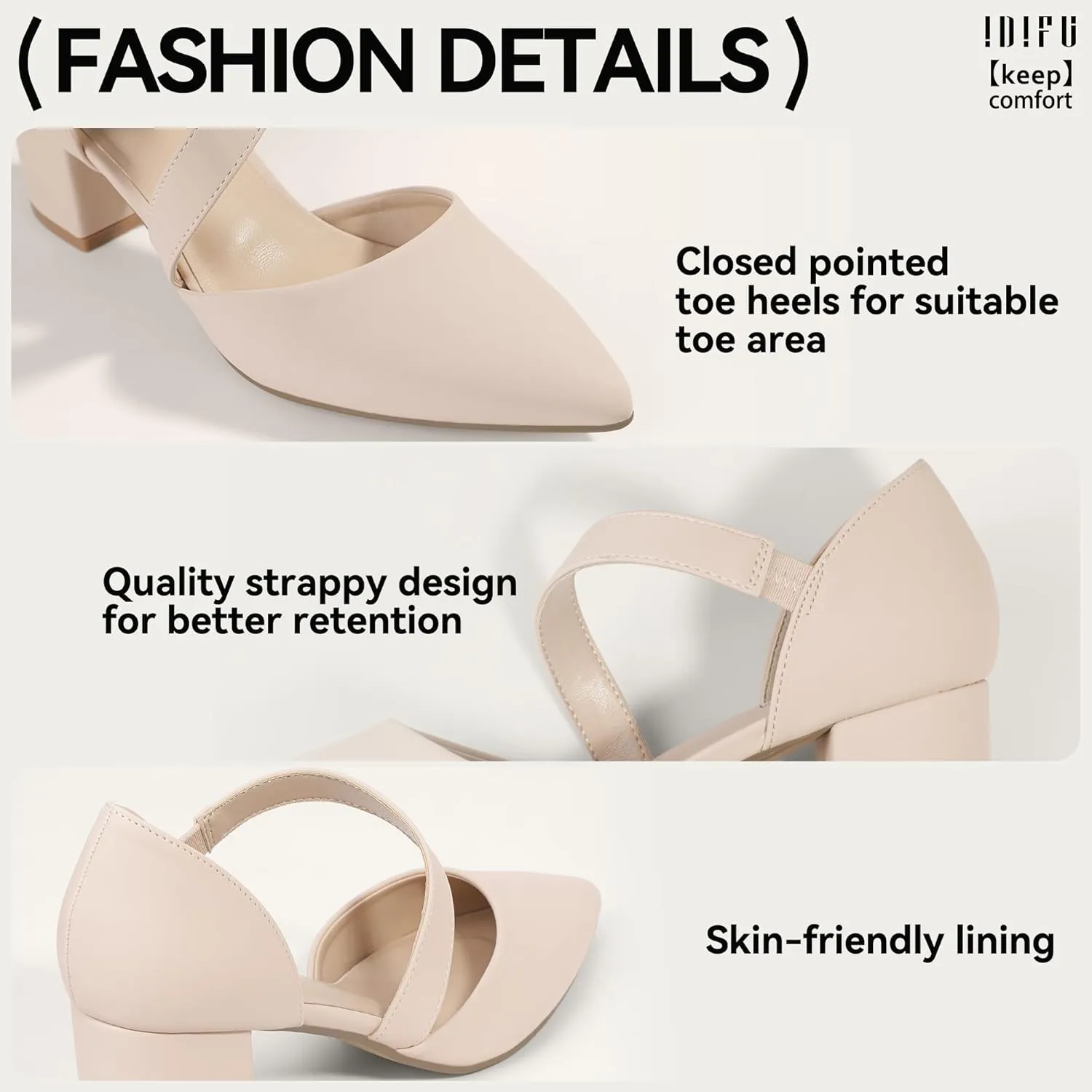 IDIFU IN2 Women's Pumps Closed Toe Strappy Heels Low Block Chunky Heels Dressy Wedding Bride Bridesmaid Prom Graduation Business Dress Shoes for Women Comfortable Formal Pointed Toe Short Small Heels