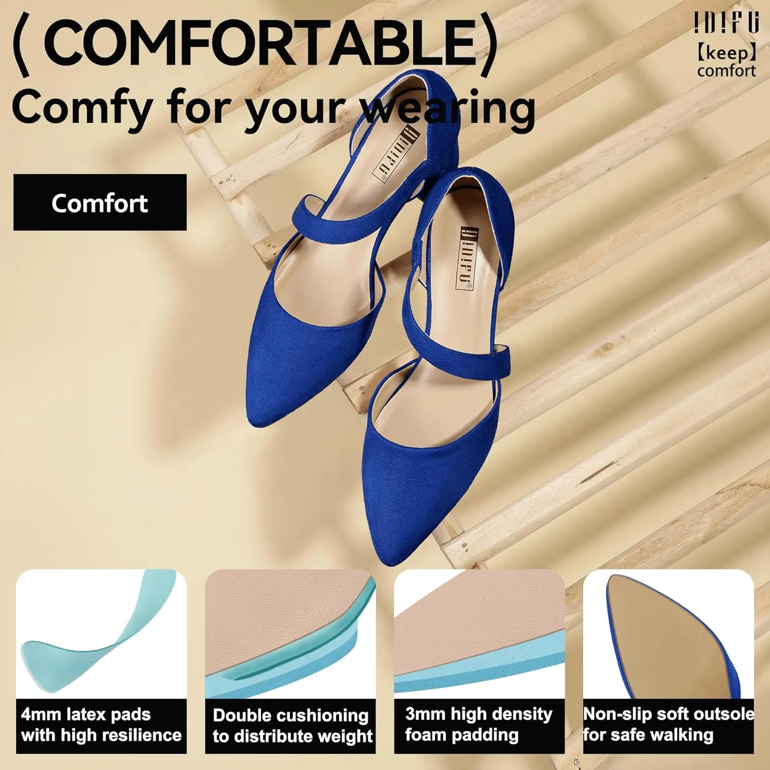 IDIFU IN2 Women's Pumps Closed Toe Strappy Heels Low Block Chunky Heels Dressy Wedding Bride Bridesmaid Prom Graduation Business Dress Shoes for Women Comfortable Formal Pointed Toe Short Small Heels