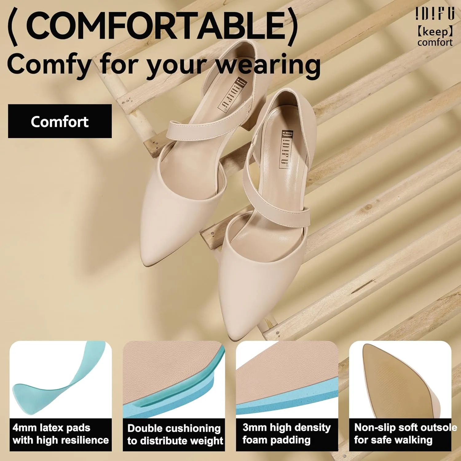 IDIFU IN2 Women's Pumps Closed Toe Strappy Heels Low Block Chunky Heels Dressy Wedding Bride Bridesmaid Prom Graduation Business Dress Shoes for Women Comfortable Formal Pointed Toe Short Small Heels