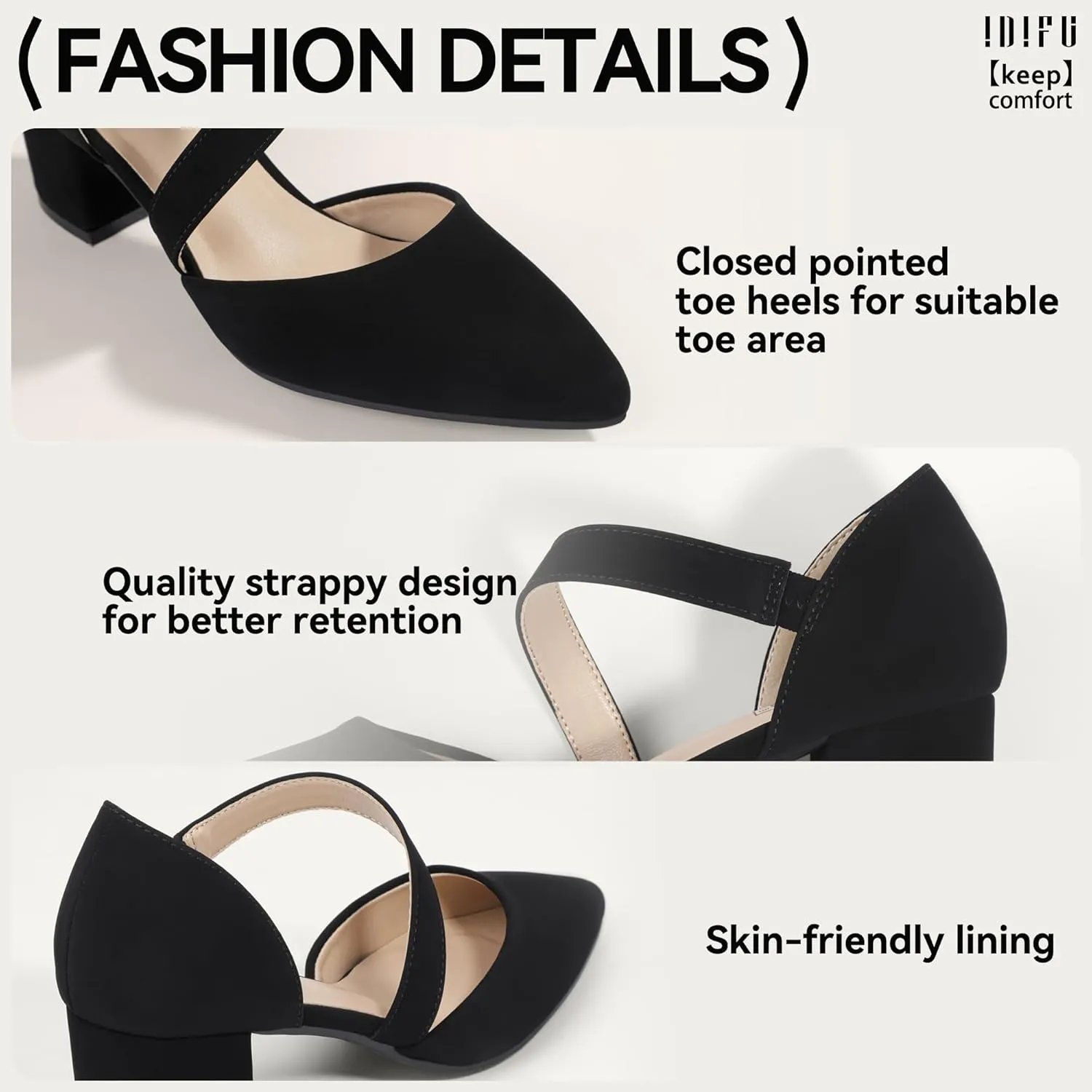IDIFU IN2 Women's Pumps Closed Toe Strappy Heels Low Block Chunky Heels Dressy Wedding Bride Bridesmaid Prom Graduation Business Dress Shoes for Women Comfortable Formal Pointed Toe Short Small Heels