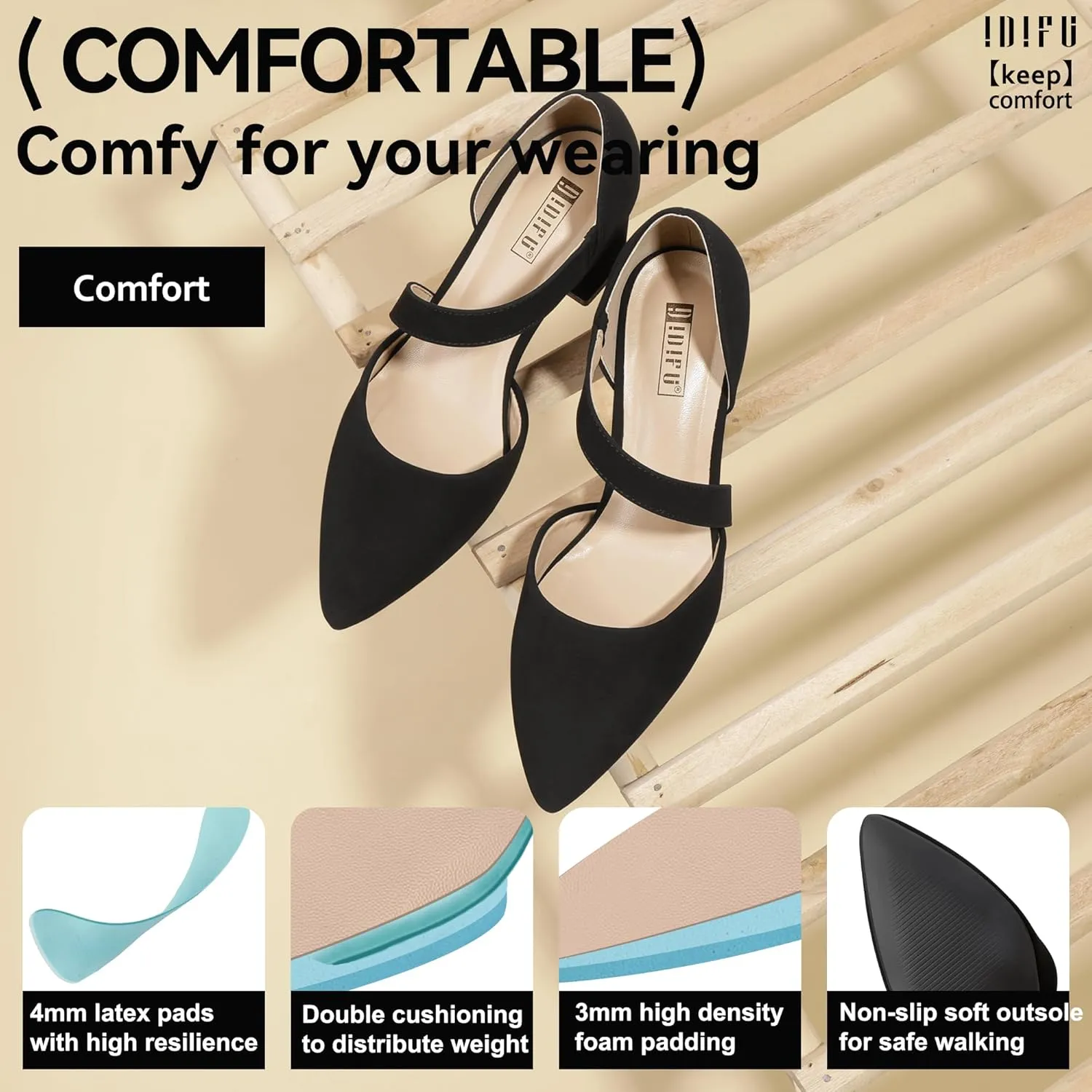 IDIFU IN2 Women's Pumps Closed Toe Strappy Heels Low Block Chunky Heels Dressy Wedding Bride Bridesmaid Prom Graduation Business Dress Shoes for Women Comfortable Formal Pointed Toe Short Small Heels