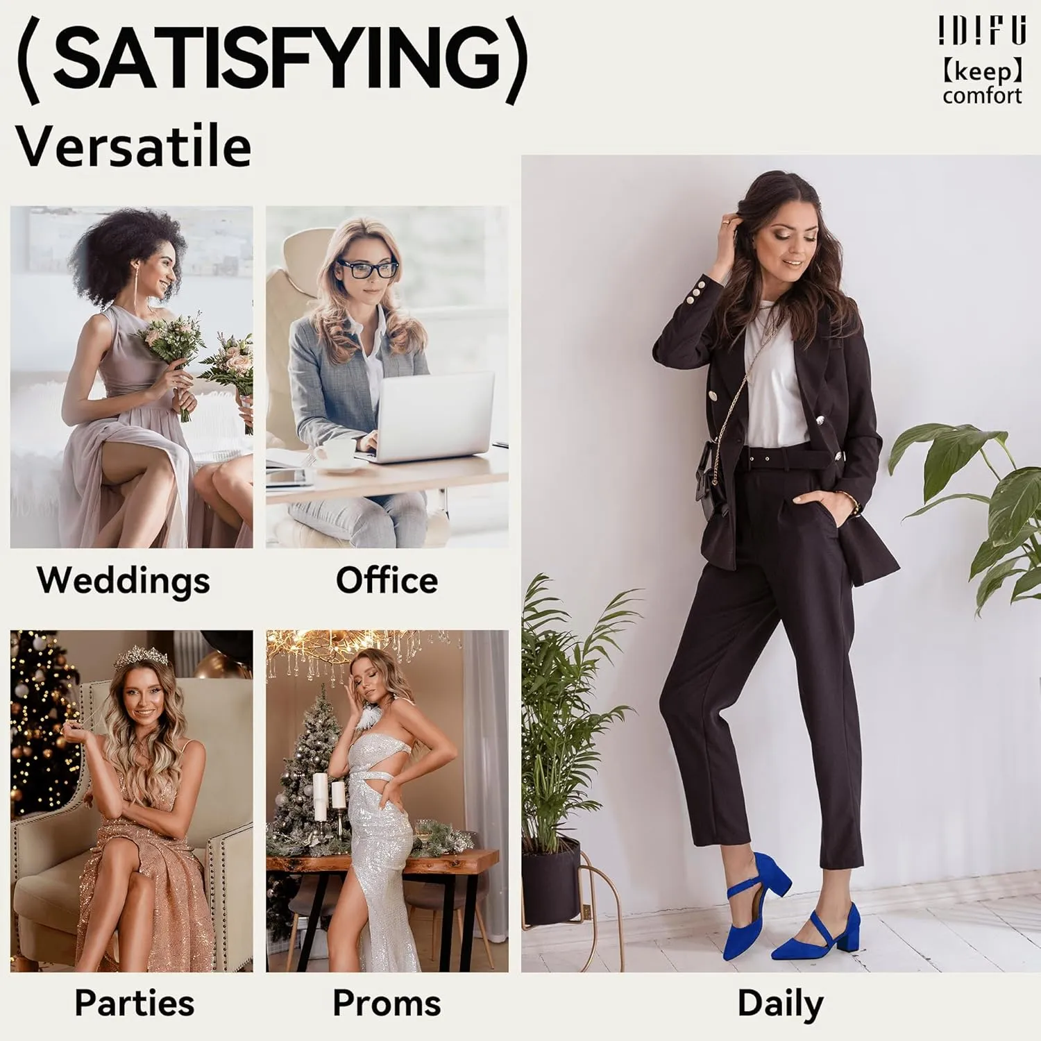 IDIFU IN2 Women's Pumps Closed Toe Strappy Heels Low Block Chunky Heels Dressy Wedding Bride Bridesmaid Prom Graduation Business Dress Shoes for Women Comfortable Formal Pointed Toe Short Small Heels