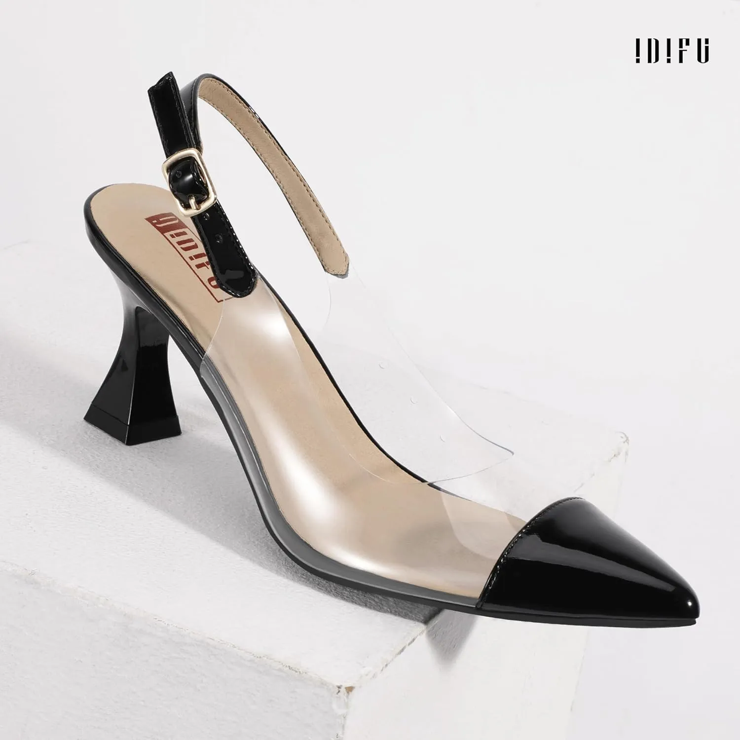 IDIFU IN3 Clear Kitten Heels Women's Pumps Closed Pointed Toe Slingback Low Short Heels Dress Shoes for Women Wedding Bridal Bridesmaid Prom Party Sexy Dressy Cute Trendy Pumps Shoes